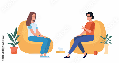 Female psychotherapist has an Individual session with her patient. Woman sits on the chair and her therapist talk her. Talk therapy concept. Vector illustration.