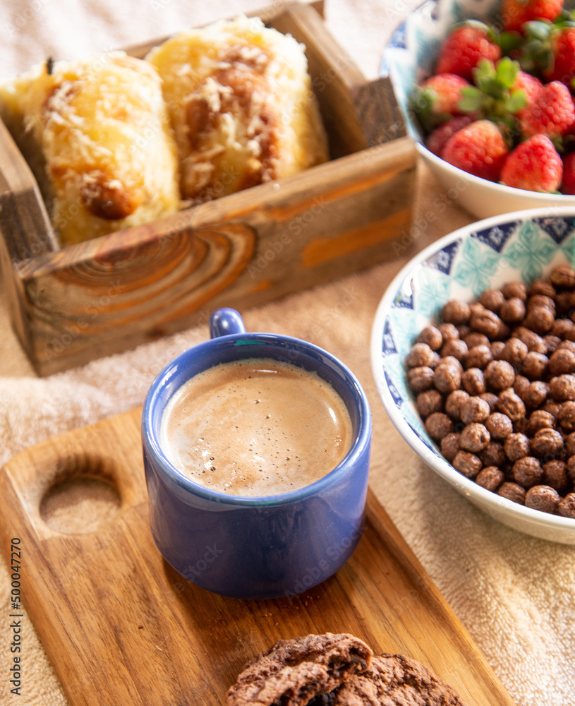 Breakfast - Strawberry, Cereal, Coffee, Bread, Cookies Breakfast - Strawberry, Cereal, Coffee, Bread, Cookies