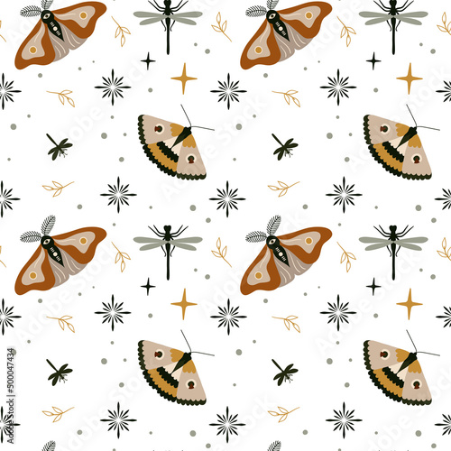 Abstract vector seamless boho moth pattern. Vector background