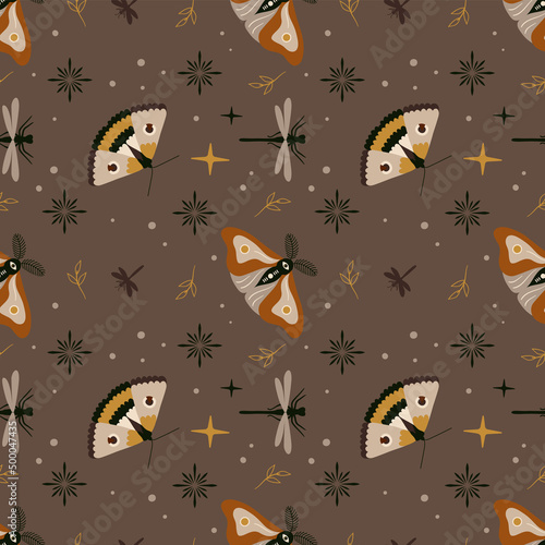 Abstract vector seamless boho moth pattern. Vector background