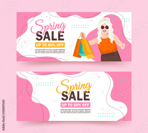 Advertising banners spring sale. Discounts up to 50%. Cheerful young girl with shopping in bright pink, yellow and light shades. Vector illustration.