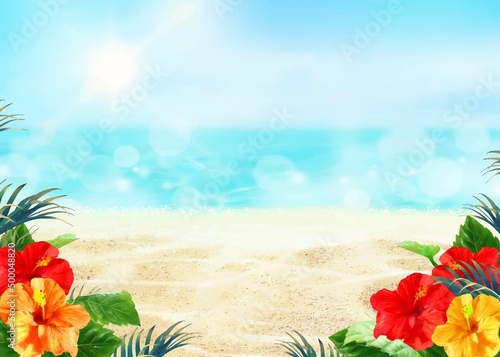太陽の光差し込む虹のある青い空の下美しい海とヤシの葉とハイビスカスの咲く夏のおしゃれフレーム背景素材
