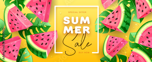Summer sale poster with slices of watermelon on tropic background. Summer watermelon background. Vector illustration