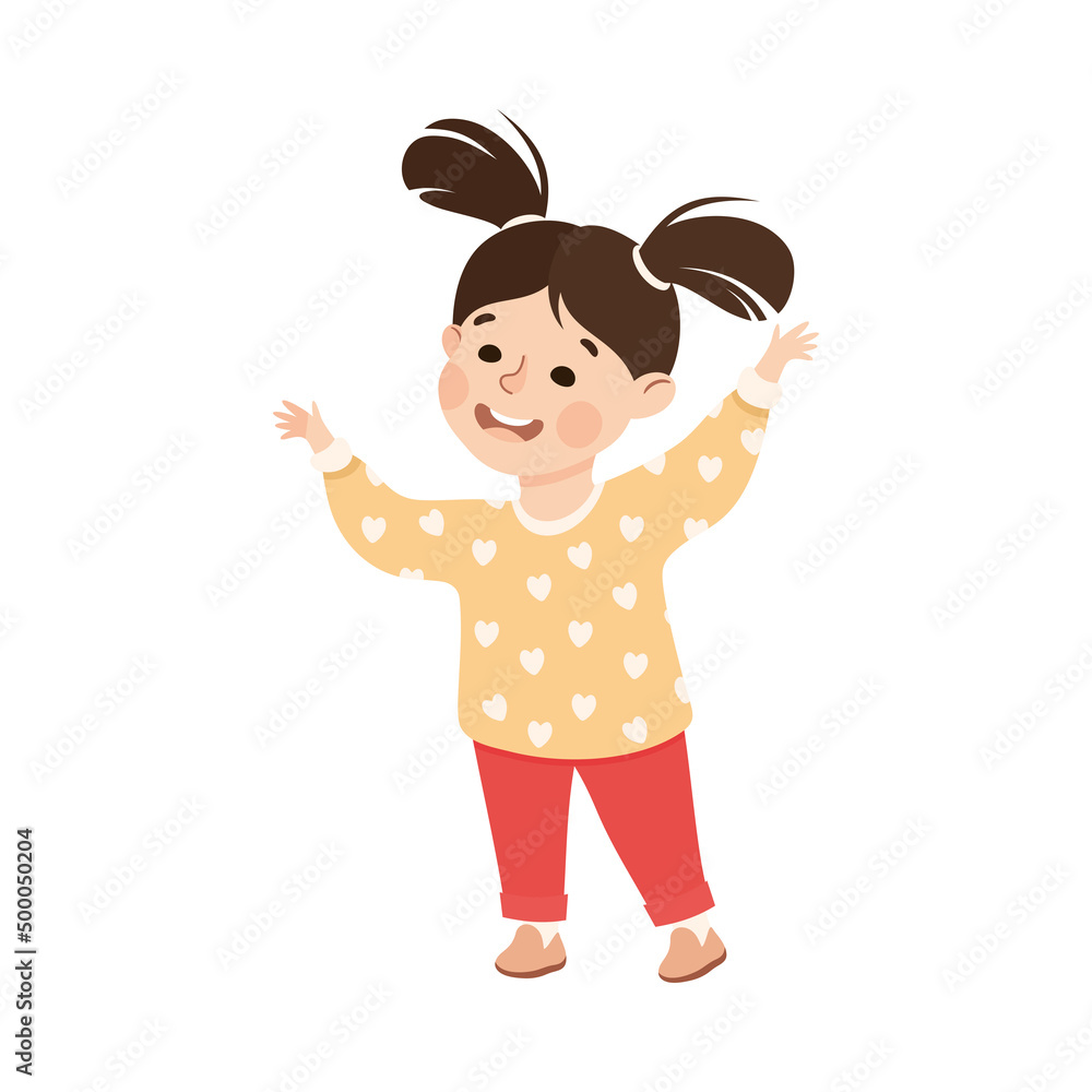 Happy Smiling Girl Character with Ponytails Standing and Gesturing Talking to Someone Vector Illustration Happy Smiling Girl Character with Ponytails Standing and Gesturing Talking to Someone Vector Illustration