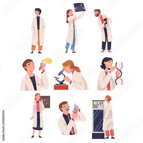 People Scientist Character Working in Laboratory Engaged in Research Vector Set