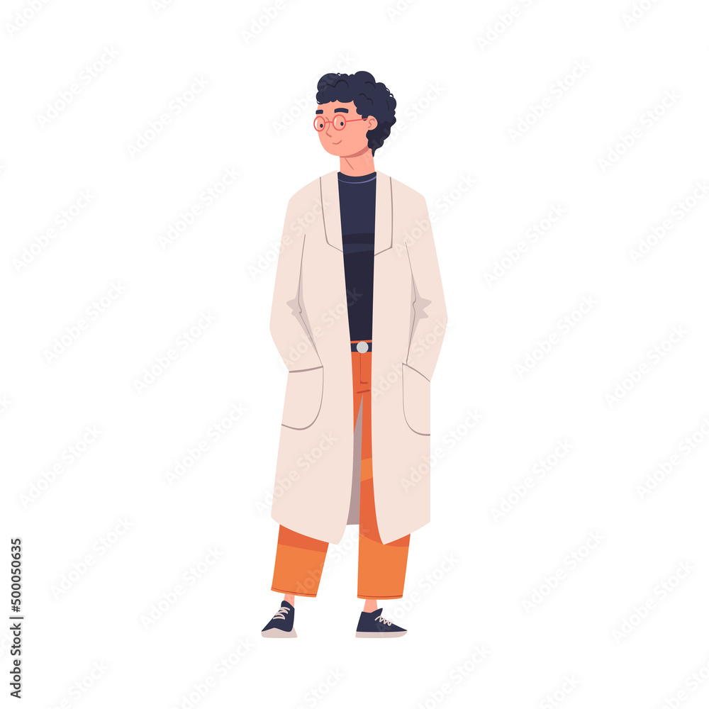 Man Scientist Character in White Coat Standing with Hands in Pocket Vector Illustration Man Scientist Character in White Coat Standing with Hands in Pocket Vector Illustration