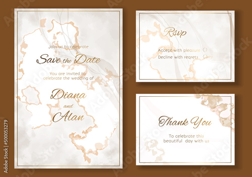 Wedding marble invitations golden lines. Beige marble background. Pastel shades. Save the date, thanks. Card design for certificate. Golden lines of flowers. Vector art template set