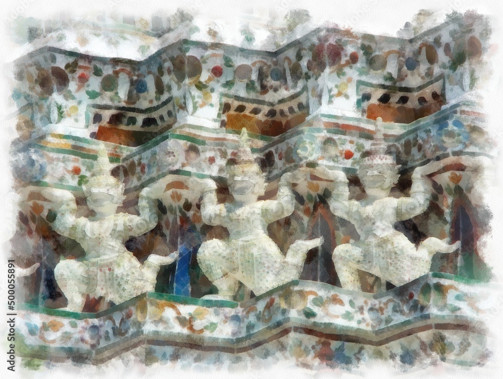 Wat Arun temple ancient Thai architecture in Bangkok watercolor style illustration impressionist painting.