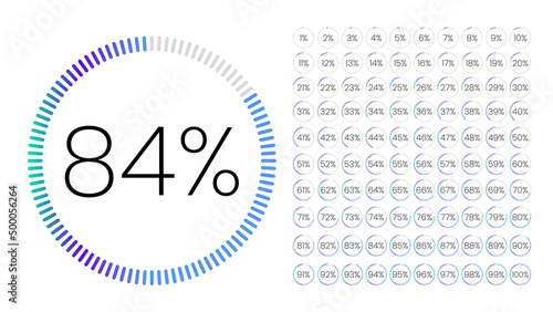 The illustration of 84 percent (84%) is a vector in a circle with purple, blue, green, and gray on a white background. The stat has many percent sets of the rest of the number for a pie chart report