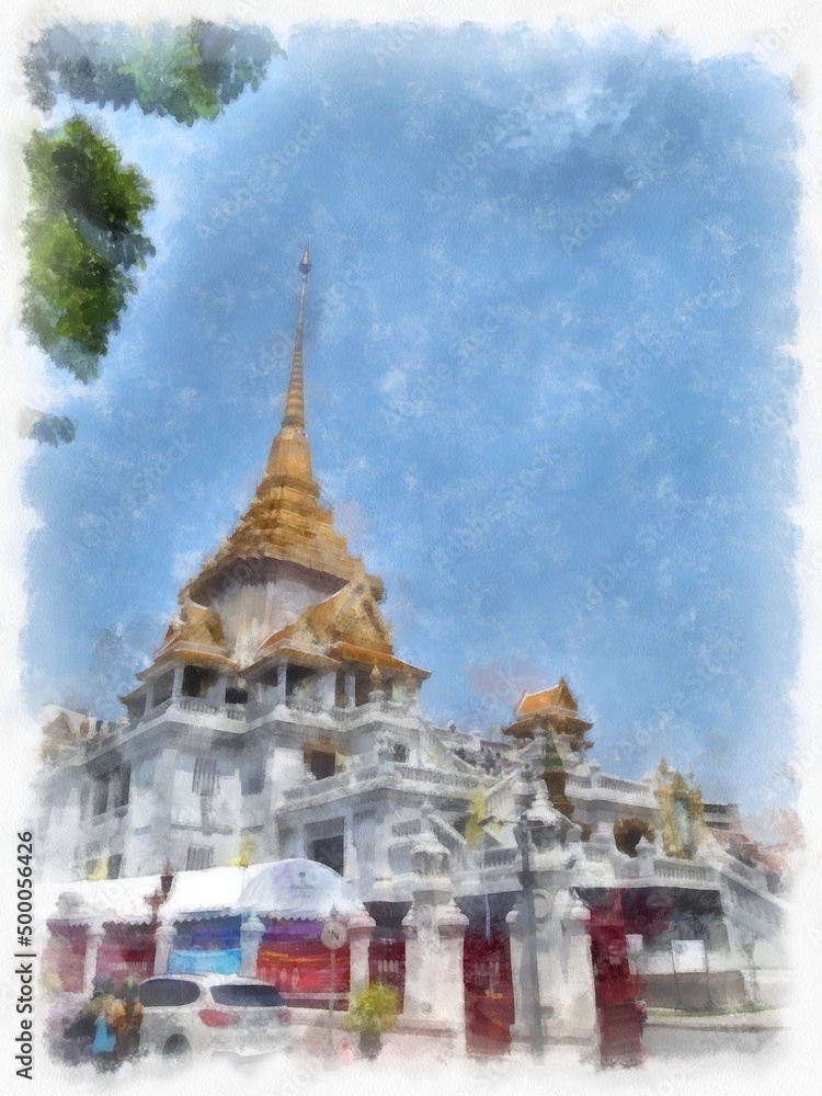 Ancient Thai architecture building watercolor style illustration impressionist painting.