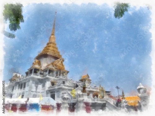 Ancient Thai architecture building watercolor style illustration impressionist painting.