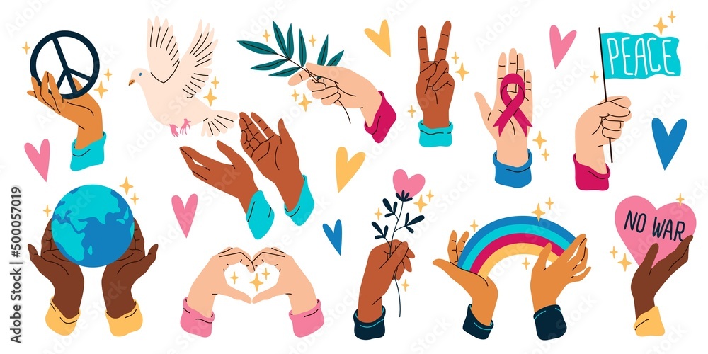 Hands hold peace symbols. Human arms with freedom, love, ecological elements and objects, planet Earth, rainbow, flying dove, stop war sign, charity and donation vector cartoon flat set