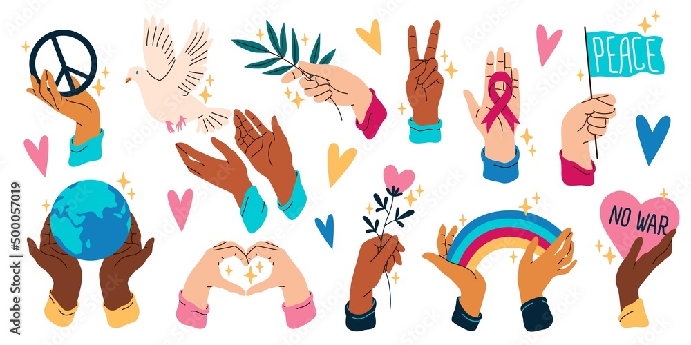 Hands hold peace symbols. Human arms with freedom, love, ecological elements and objects, planet Earth, rainbow, flying dove, stop war sign, charity and donation vector cartoon flat set Hands hold peace symbols. Human arms with freedom, love, ecological elements and objects, planet Earth, rainbow, flying dove, stop war sign, charity and donation vector cartoon flat set