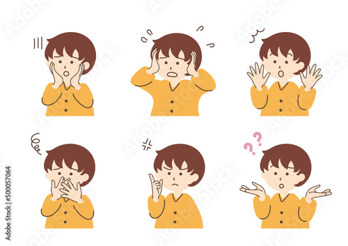 若い女性のシンプルなイラストセット_A02【ショートボブ／表情】