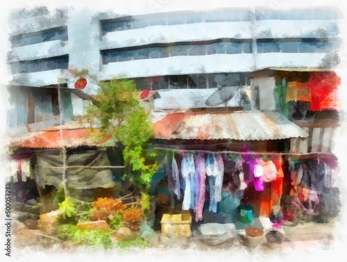 Residential house in the city's slums watercolor style illustration impressionist painting.