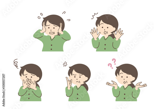 女性のシンプルなイラストセット_C02【束ねた髪／表情】