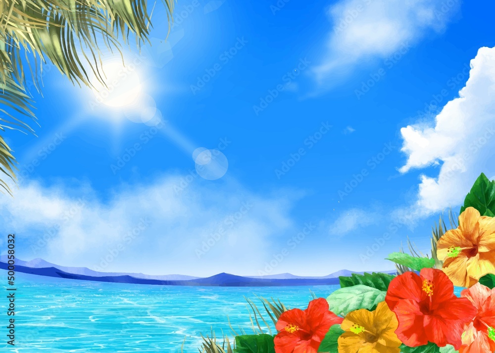 Φωτογραφία 太陽の光差し込む青い空の下、美しい海沿いにヤシの木とハイビスカスの咲く夏のおしゃれフレーム背景素材