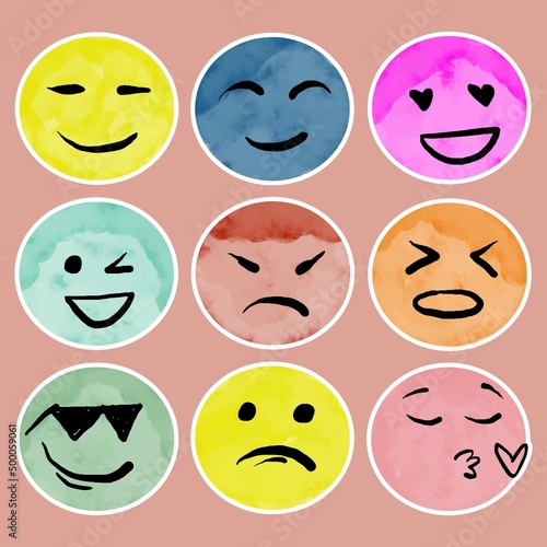 Emoticon doodle. Watercolor style emoji icons collection. abstract cartoon Faces with various Emotions. Vector illustration