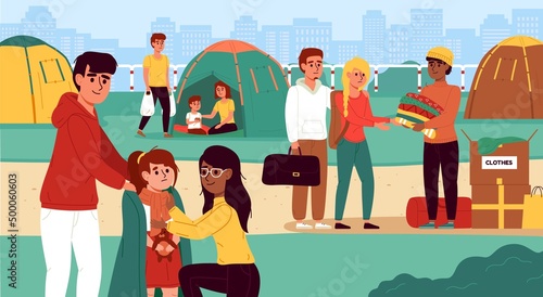 Refugee camp people. Migration crisis, fleeing families, shelter and help, volunteers distribute food, clothes and medicines, homeless men and women in immigrant camp vector illustration