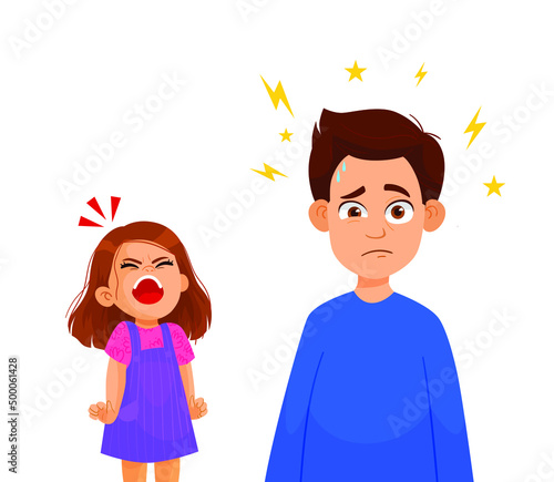 Tired father with crazy hair with his daughter. a very angry girl screaming. parenting stress concept, relationship between children and parents vector Illustration on a white background. Stressed car