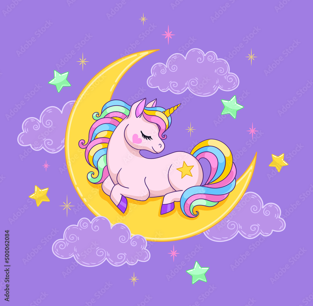 Obraz premium Sleepy pony sitting on the moon. Vector illustration