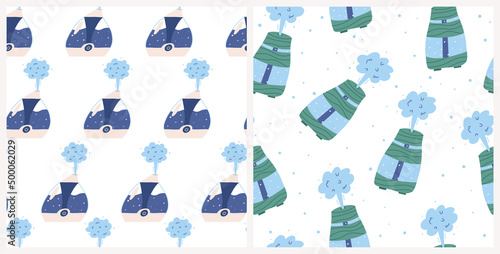 Air humidifier or purifier seamless patterns set, flat vector illustration on white background. Modern technologies and home appliance for healthy lifestyle.