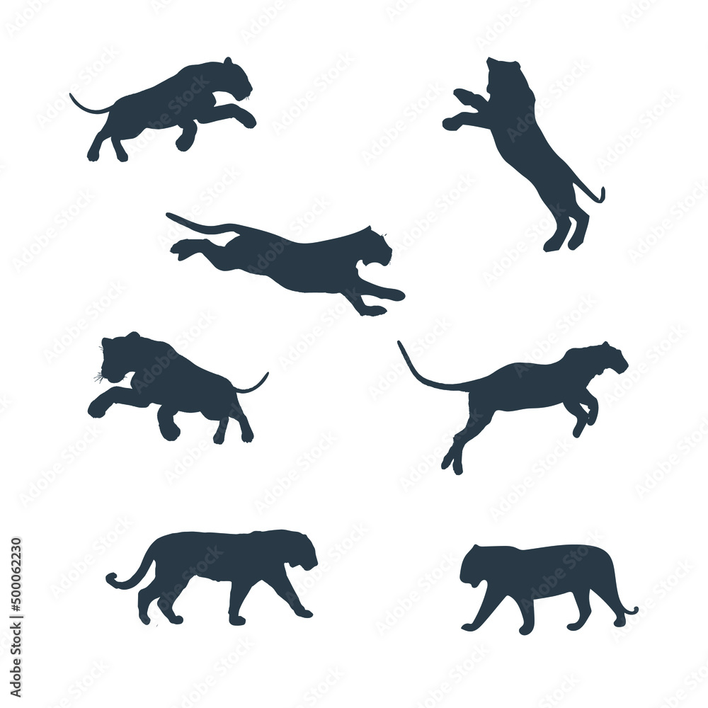 Tiger vector silhouette in different poses stock illustration