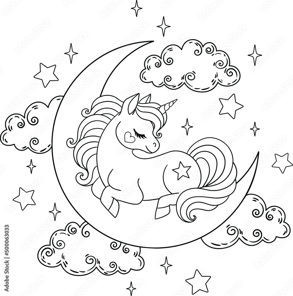 Cute unicorn sleeping on the moon. Vector outline for coloring Stock ...