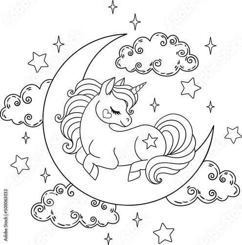 Cute unicorn sleeping on the moon. Vector outline for coloring