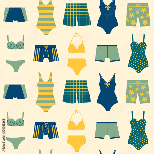 Seamless pattern with swimwear. Various swimsuits for men and women. Bikinis, shorts, swimsuits and swimming trunks.