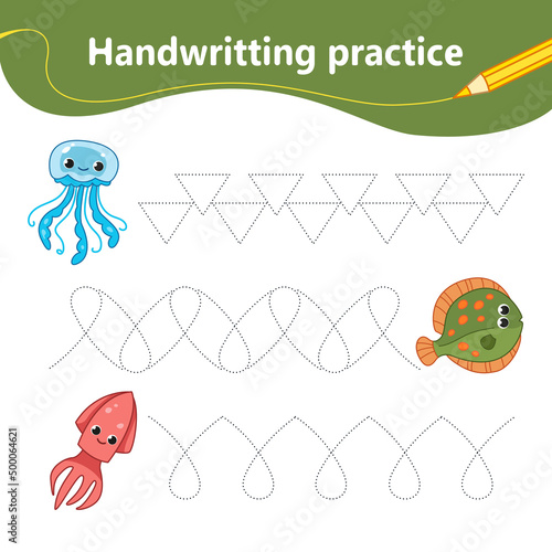 Handwriting practice. We learn the first letter of the string by dots. Set with fish, squid and jellyfish. Preschool education. Vector illustration in cartoon style.