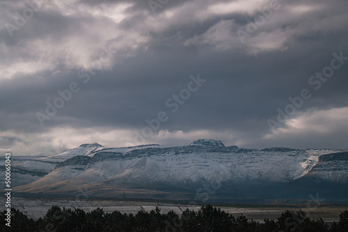 Beautiful view of trees under snowy mountains with  a cloudy gray sky in Matroosberg, South Africa photo