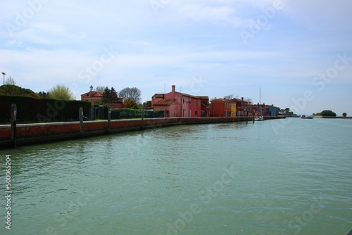 Italy, Veneto, Venice: Foreshortening of Burano Island from the sea.