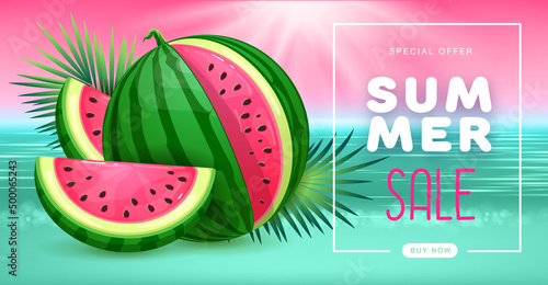 Summer sale poster with slices of watermelon on tropic background. Summer watermelon background. Vector illustration