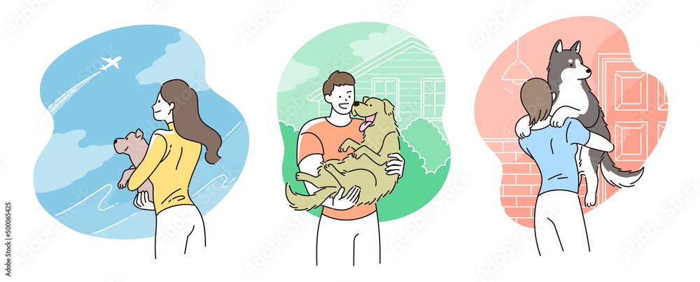 Fototapeta premium 犬を抱く人のイラスト