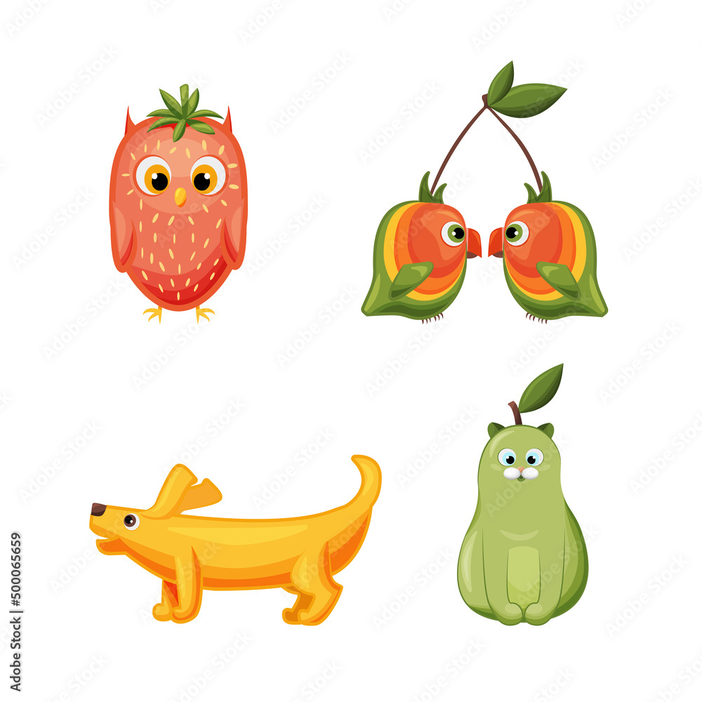 Obraz premium Funny animals in the form of fruits in the cartoon style. Cat, owl, dog and birds in the form of different tropical fruits. Vector illustration for stickers, textiles, notepad, greeting card