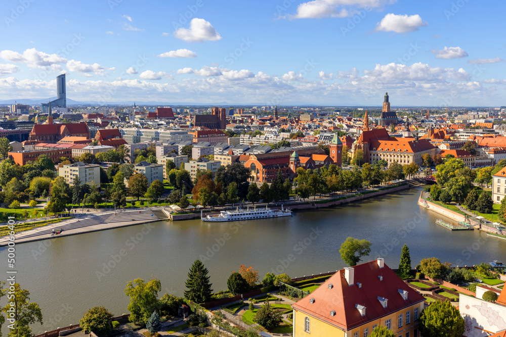 Aerial view of the city and the Sand Island on the Odra River, Wroclaw, Poland