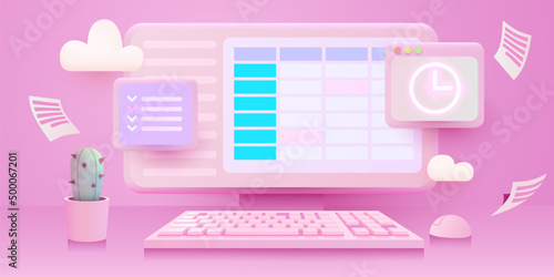Calendar and clock on computer screen. Schedule concepts. Modern futuristic design graphic elements.