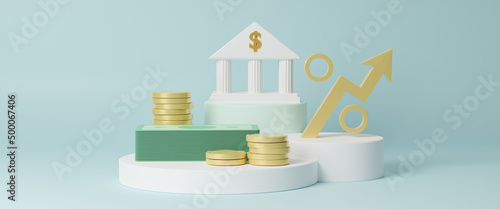 Stampa su tela Increasing arrow and stack of money as financial saving rising concept on white podium, increasing of interest rates, financial concept and business profit growth concept, 3d rendering illustration