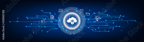 Data security concept with padlock and cyber connection link. Technology Global Network Digital Data Protection Background.