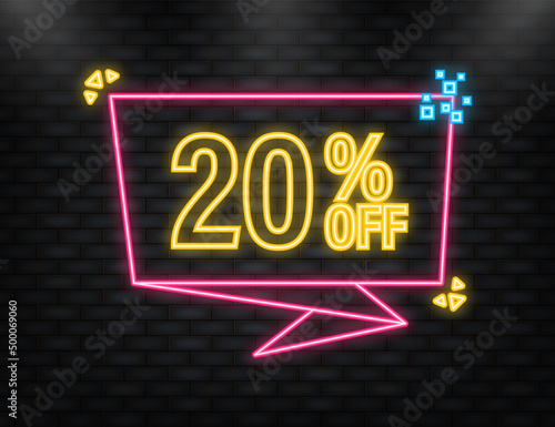 Neon Icon. Trendy flat advertising with 20 percent discount flat badge for promo design. Poster badge. Business design. Vector illustration