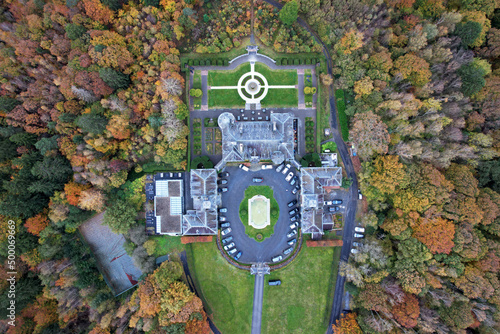 Aerial top view of the Manoir de Lebioles Castle in Spa, Belgium photo