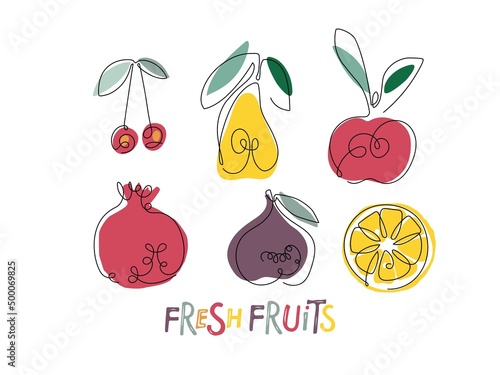 Fresh Fruits set. Continuous one line drawing fruits with bright colored spots. Farmer market Logo concept. Abstract hand drawn fruits and berries by one line. Fashionable trend vector illustration.