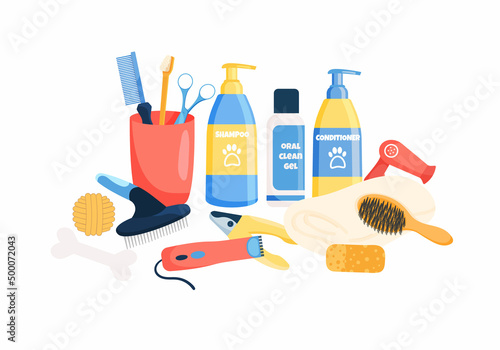 Collection dog and cat grooming equipment isolated on white background. Shampoo, comb, toys and tools for pet coat care. Vector flat cartoon set for wash and clean of domestic animal.