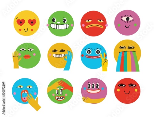 Collection of Round abstract comic Faces with various Emotions. Crazy Abstract comic geometric shape characters elements and faces. Vector Illustration