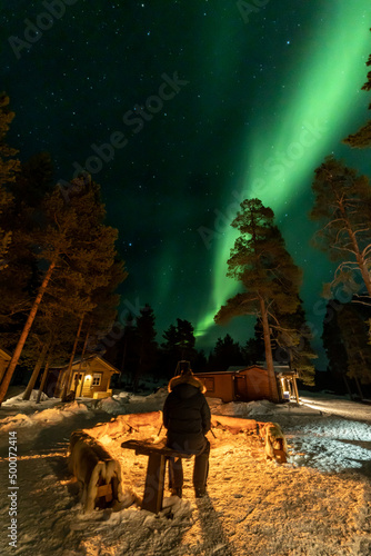 Northern Lights in the arctic winter with snow and chalets