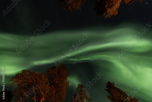 Northern Lights in the arctic winter with snow and chalets