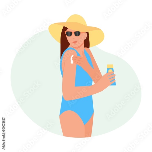 Beauty woman in hat and swimsuit apply suncream to shoulder. A sunscreen in hand.The concept of beauty and health protection skin. Vector illustration isolated on white background