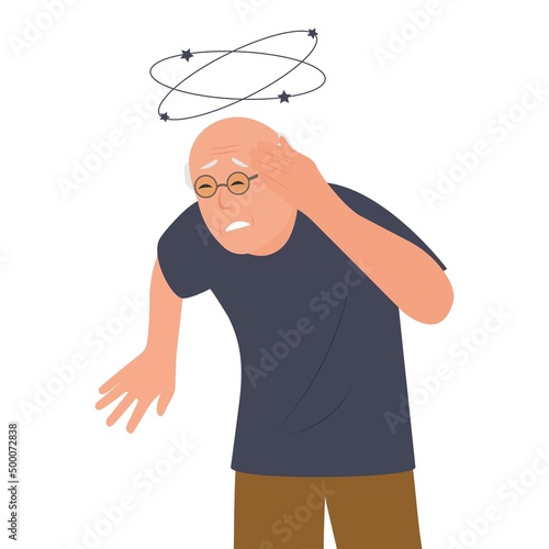 Dizziness. Senior with closed eyes holds his hand on head, stars spin around his head. Sick elderly man with vertigo.Vector illustration, flat design.