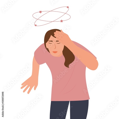 Dizziness. Woman with closed eyes holds his hand on head, stars spin around his head. Sick woman with vertigo.Vector illustration, flat design.